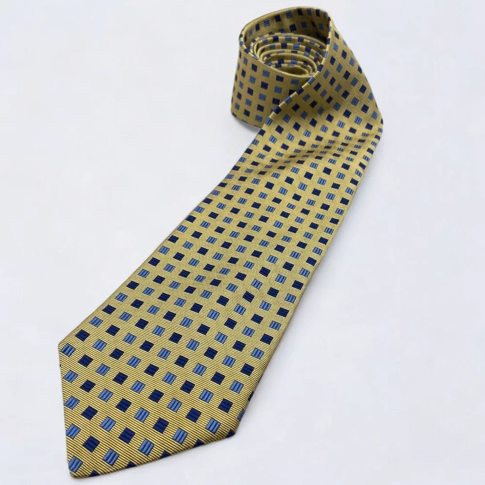 Brooks Brothers Necktie Adult Gold Blue Geometric Silk Woven In England USA Made